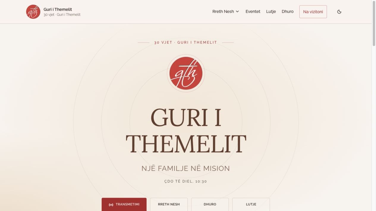 Guri i Themelit homepage with service information and links for visitors